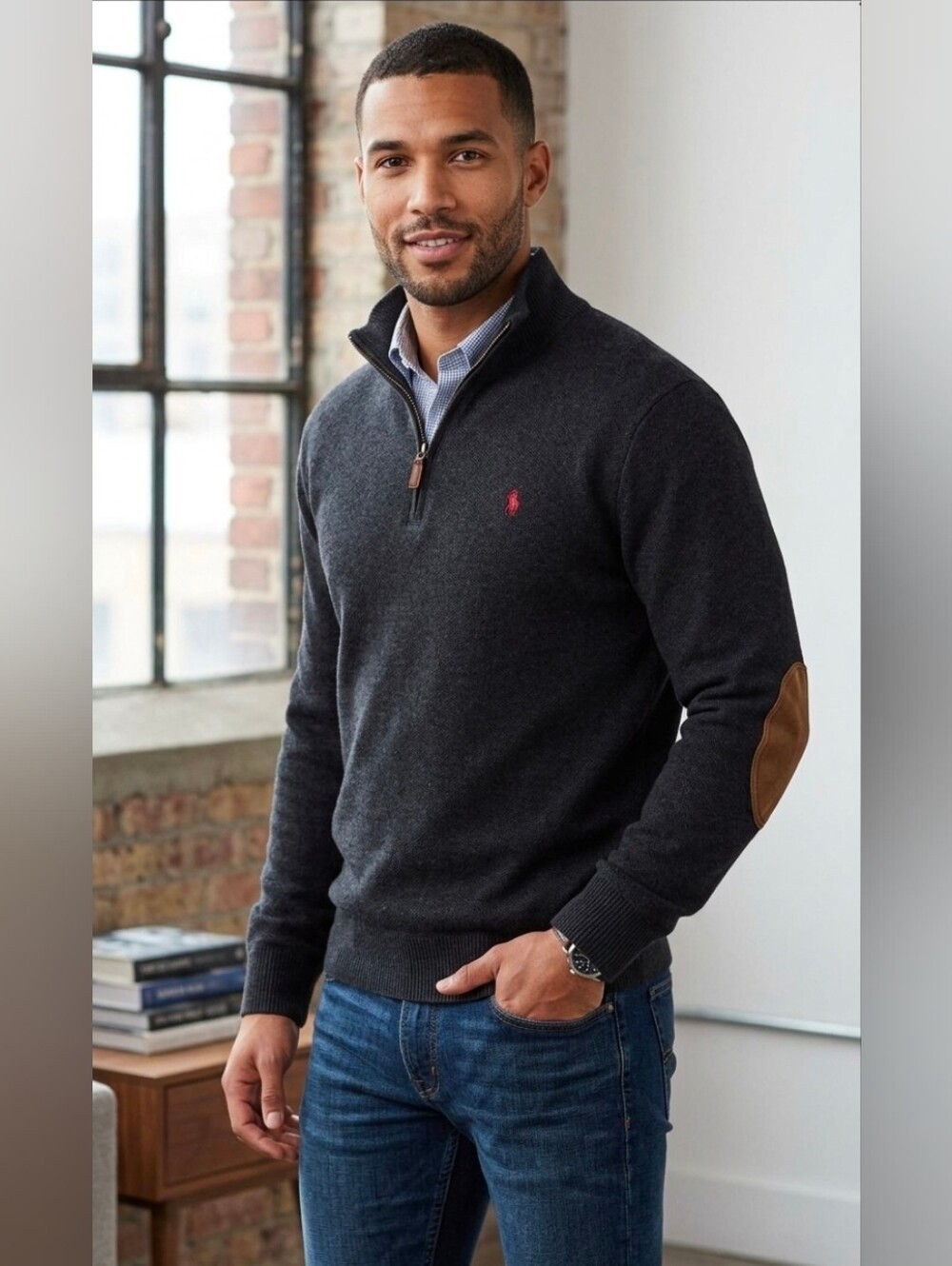 Polo Ralph Lauren Charcoal Grey Quarter Zip Sweater Suede Elbow Patch L